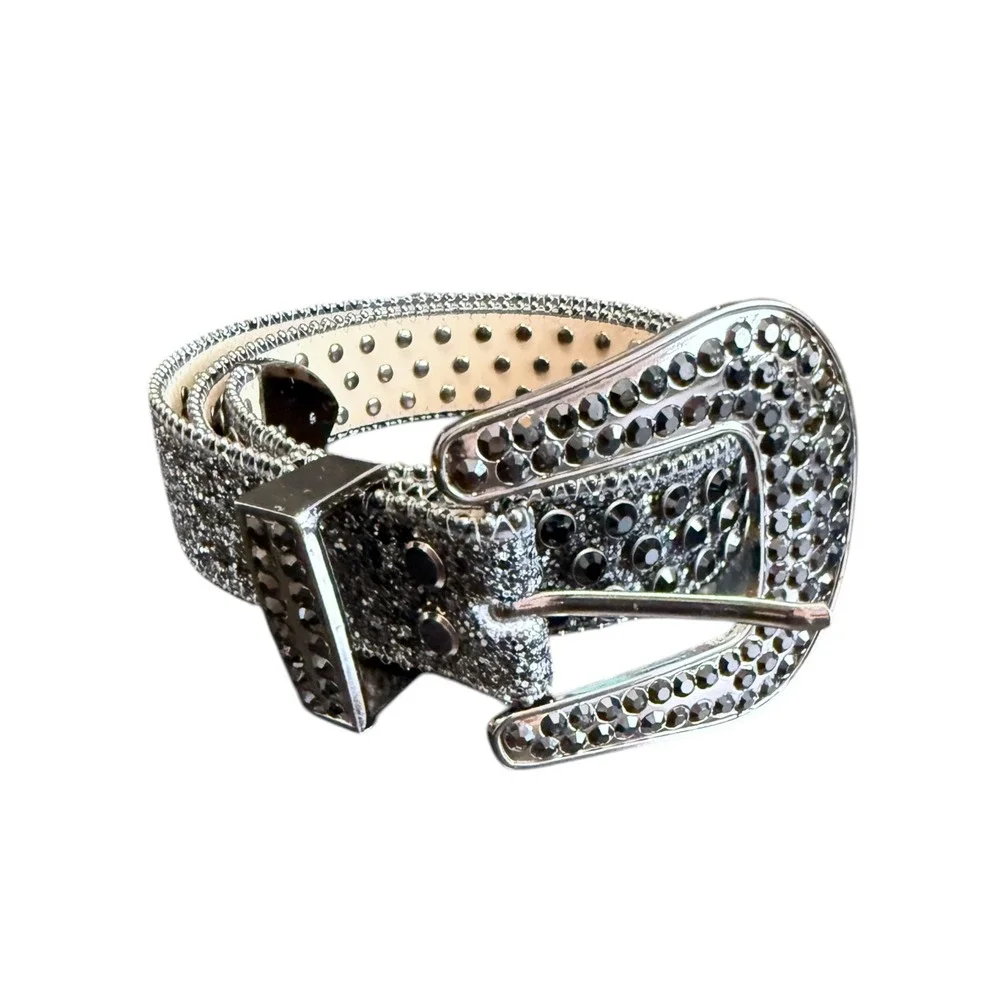 Western Rhinestone Glitter Belt Black Silver‎ Studded Bling 48 Inch Large Buckle